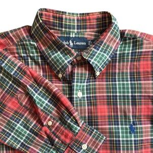 VTG 90s Ralph Lauren Plaid Button Down Shirt Large Red Green Tartan Classic Fit